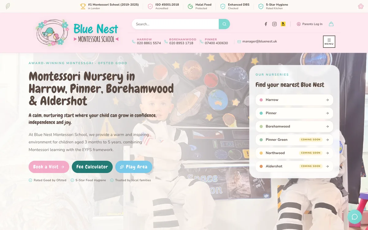 Blue Nest Montessori School website homepage